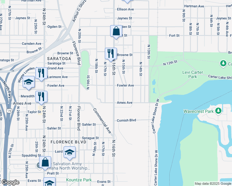 map of restaurants, bars, coffee shops, grocery stores, and more near 4547 North 16th Street in Omaha