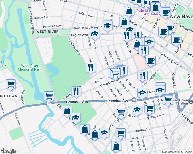 map of restaurants, bars, coffee shops, grocery stores, and more near 250 Davenport Avenue in New Haven