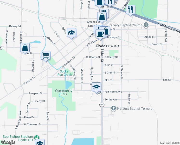 map of restaurants, bars, coffee shops, grocery stores, and more near 143 Spring Avenue in Clyde