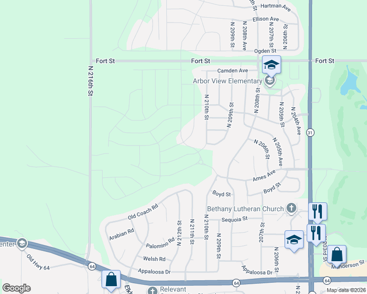 map of restaurants, bars, coffee shops, grocery stores, and more near North 210th Street in Omaha