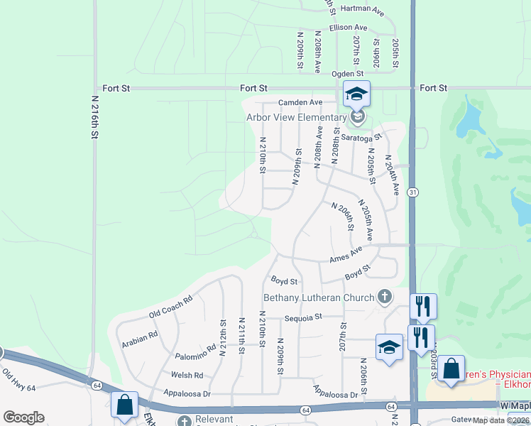 map of restaurants, bars, coffee shops, grocery stores, and more near 4651 North 209th Street in Douglas County