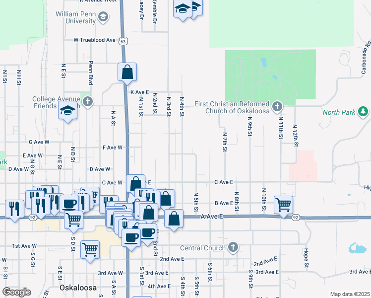 map of restaurants, bars, coffee shops, grocery stores, and more near 510 North 4th Street in Oskaloosa
