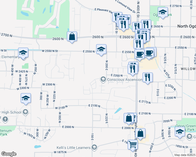 map of restaurants, bars, coffee shops, grocery stores, and more near 115 East 2300 North in North Ogden