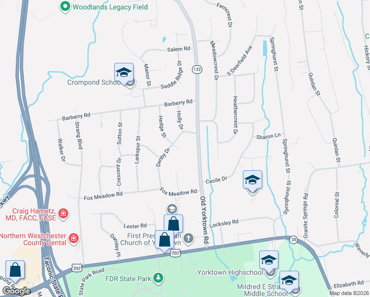 map of restaurants, bars, coffee shops, grocery stores, and more near 2798 Denby Drive in Yorktown Heights