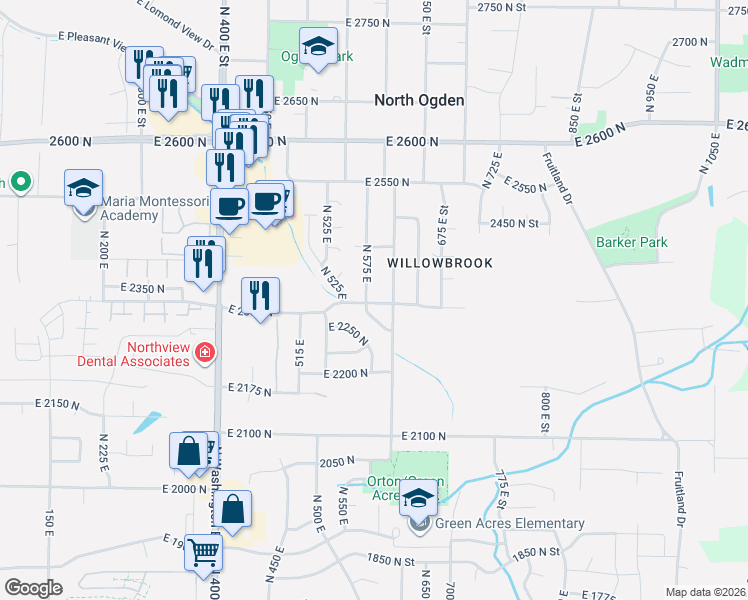 map of restaurants, bars, coffee shops, grocery stores, and more near 2323 North 600 East in Ogden