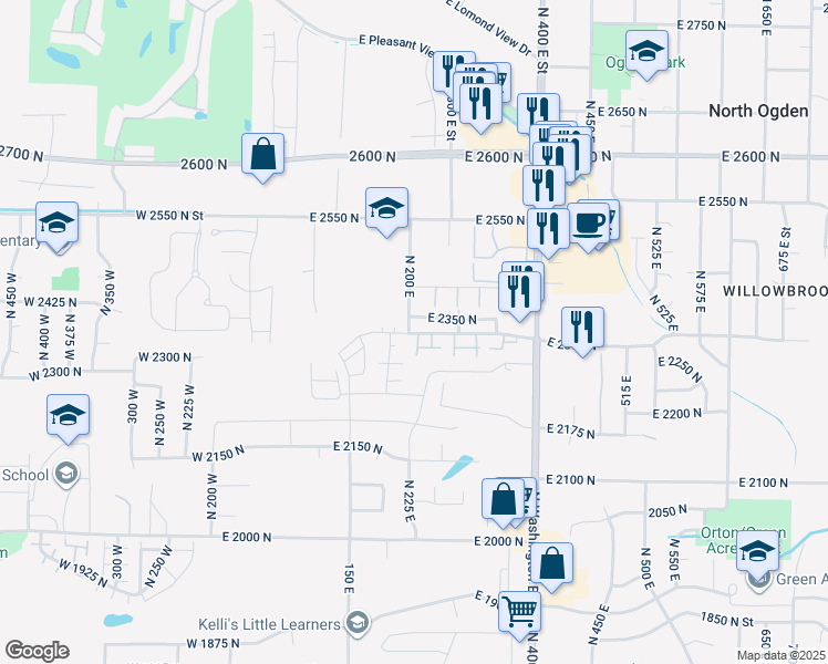 map of restaurants, bars, coffee shops, grocery stores, and more near 205 East 2350 North in North Ogden