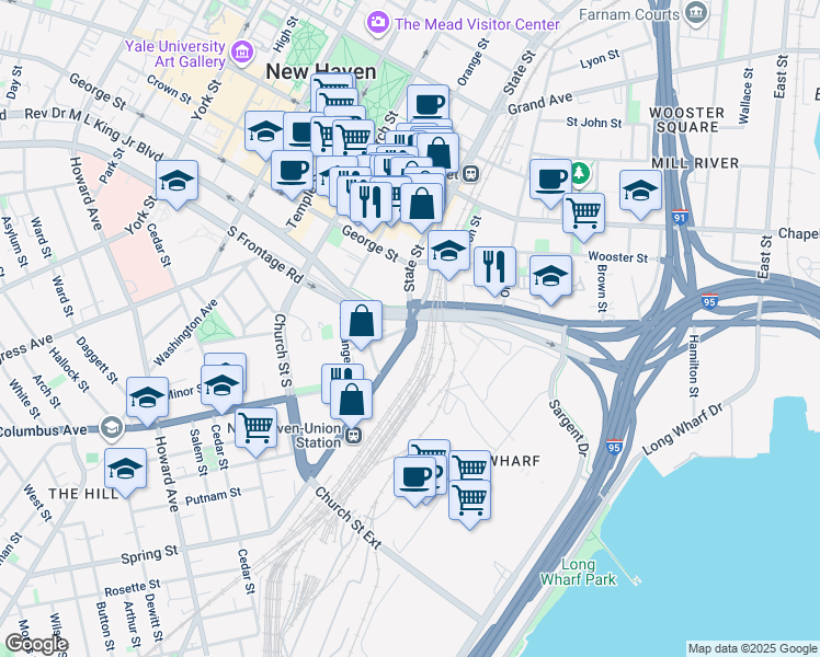 map of restaurants, bars, coffee shops, grocery stores, and more near 28 U.S. 1 in New Haven