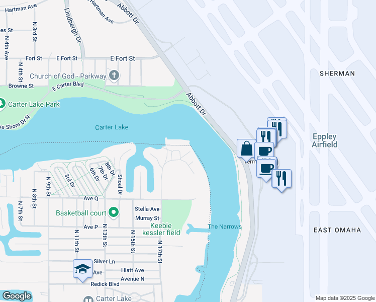 map of restaurants, bars, coffee shops, grocery stores, and more near 1816 Sand Point Drive in Carter Lake