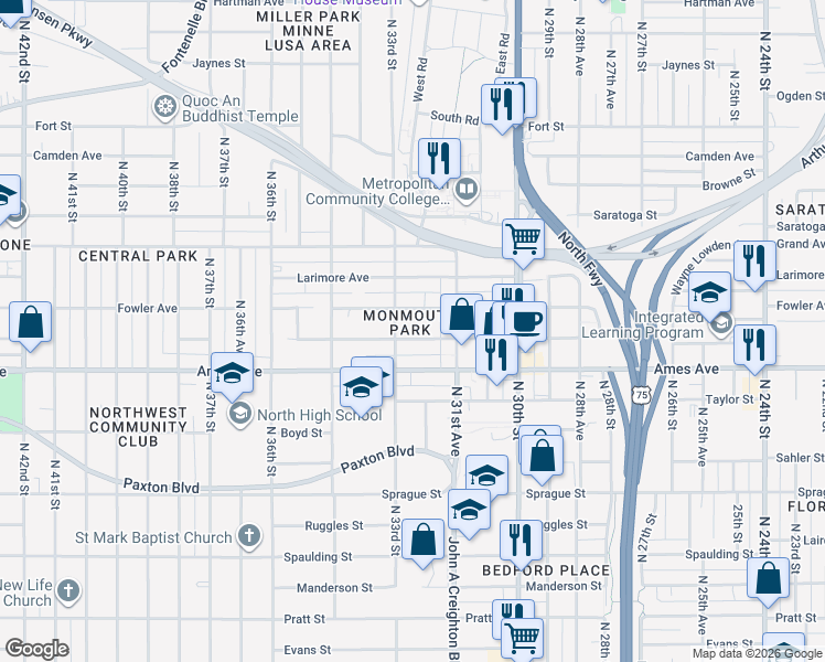 map of restaurants, bars, coffee shops, grocery stores, and more near 3185 Fowler Avenue in Omaha