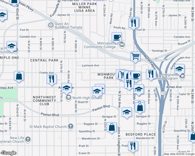 map of restaurants, bars, coffee shops, grocery stores, and more near 3325 Fowler Avenue in Omaha