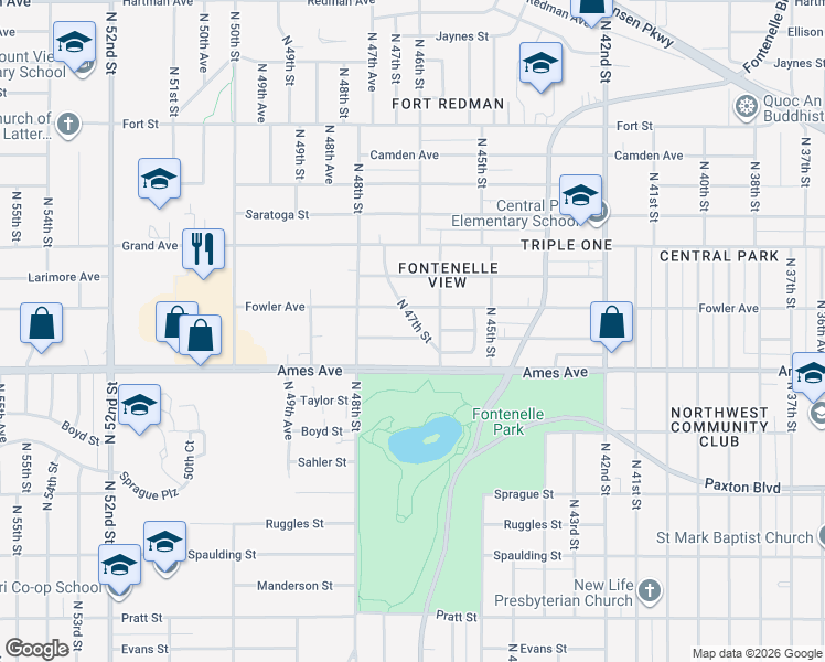 map of restaurants, bars, coffee shops, grocery stores, and more near 4614 North 47th Street in Omaha