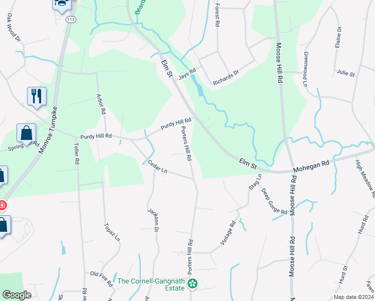 map of restaurants, bars, coffee shops, grocery stores, and more near 224 Porters Hill Road in Monroe