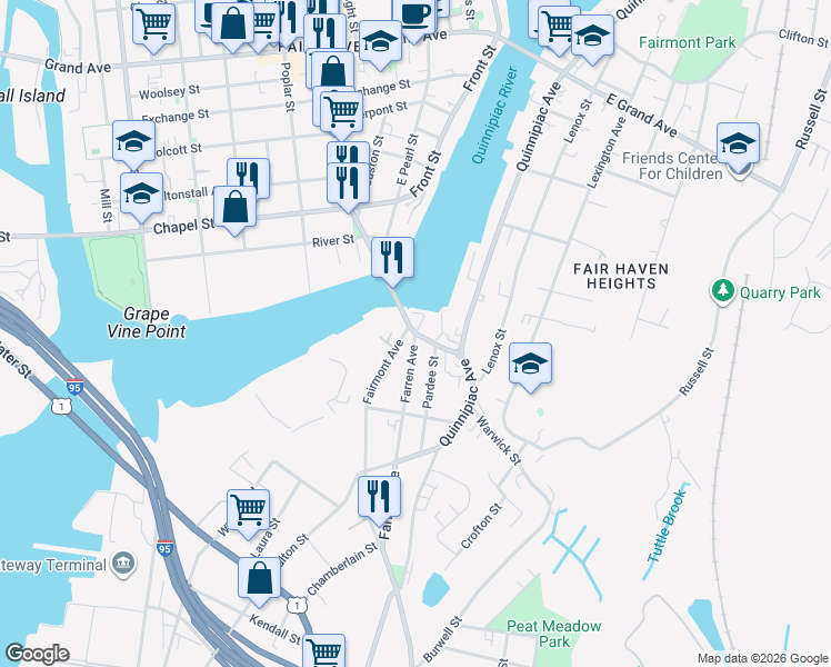 map of restaurants, bars, coffee shops, grocery stores, and more near Ferry Street & Farren Avenue in New Haven