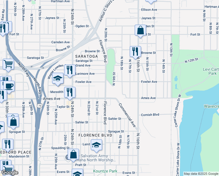 map of restaurants, bars, coffee shops, grocery stores, and more near 4603 Florence Boulevard in Omaha