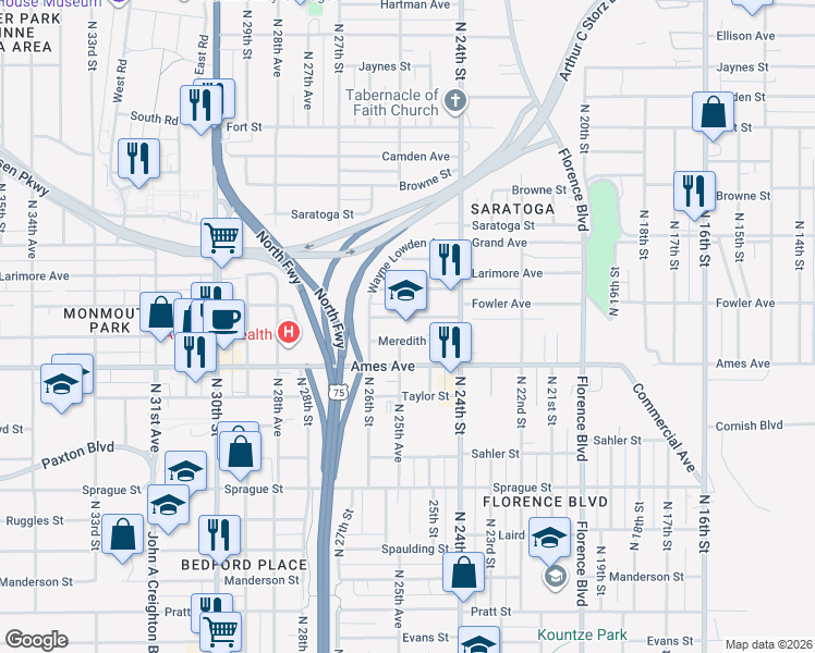 map of restaurants, bars, coffee shops, grocery stores, and more near 2504 Meredith Avenue in Omaha