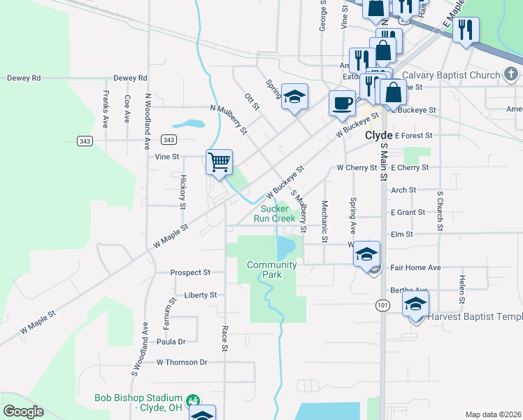 map of restaurants, bars, coffee shops, grocery stores, and more near 446 West Buckeye Street in Clyde