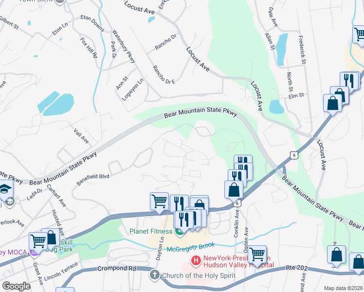 map of restaurants, bars, coffee shops, grocery stores, and more near 10 Edinburg Drive in Peekskill