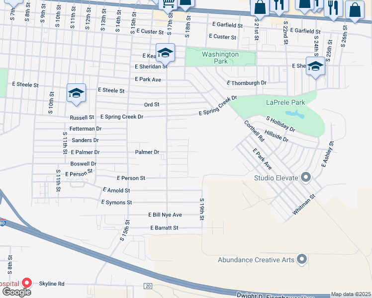 map of restaurants, bars, coffee shops, grocery stores, and more near 1804 Sanders Drive in Laramie