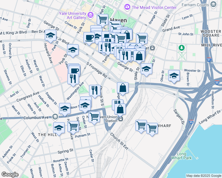 map of restaurants, bars, coffee shops, grocery stores, and more near 18 Tower Lane in New Haven
