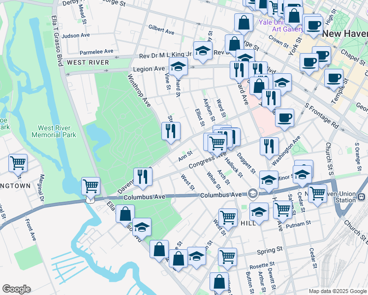 map of restaurants, bars, coffee shops, grocery stores, and more near 250 Davenport Avenue in New Haven