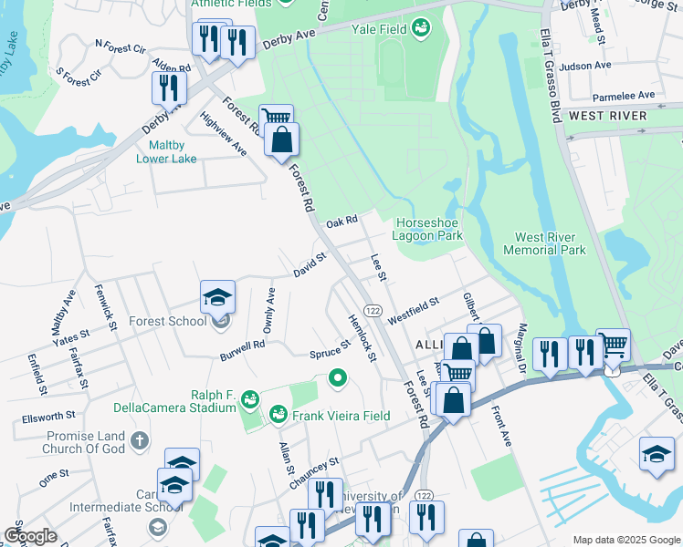 map of restaurants, bars, coffee shops, grocery stores, and more near 204 Forest Road in West Haven