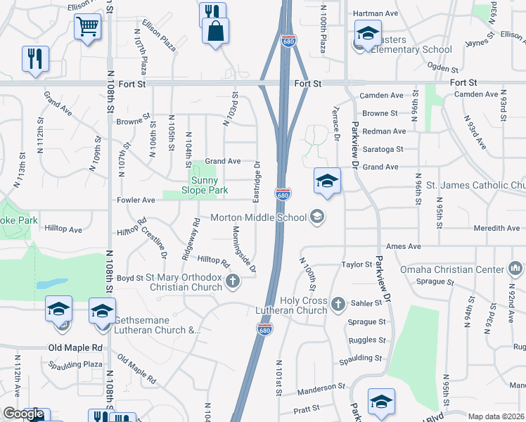 map of restaurants, bars, coffee shops, grocery stores, and more near 4613 Eastridge Drive in Omaha