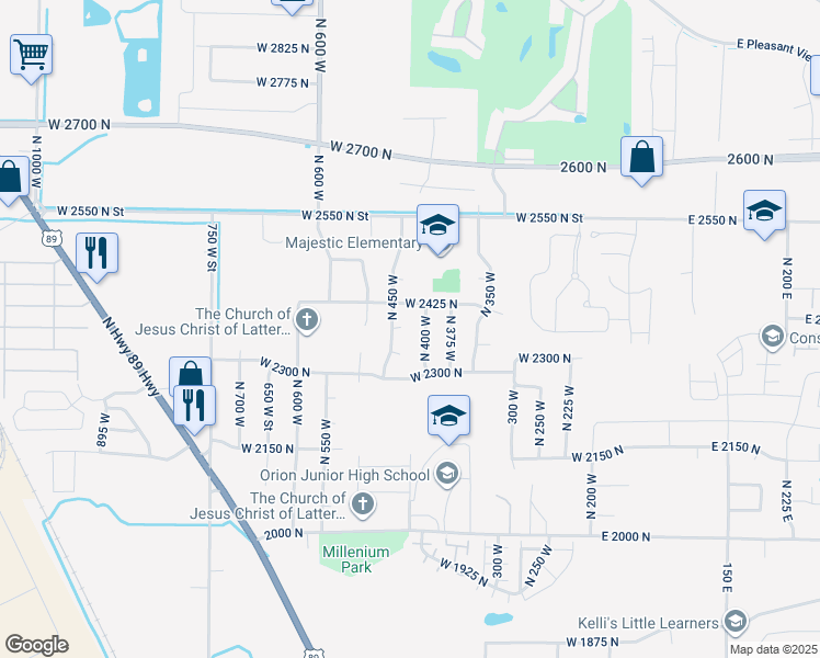map of restaurants, bars, coffee shops, grocery stores, and more near 2374 North 450 West in Ogden