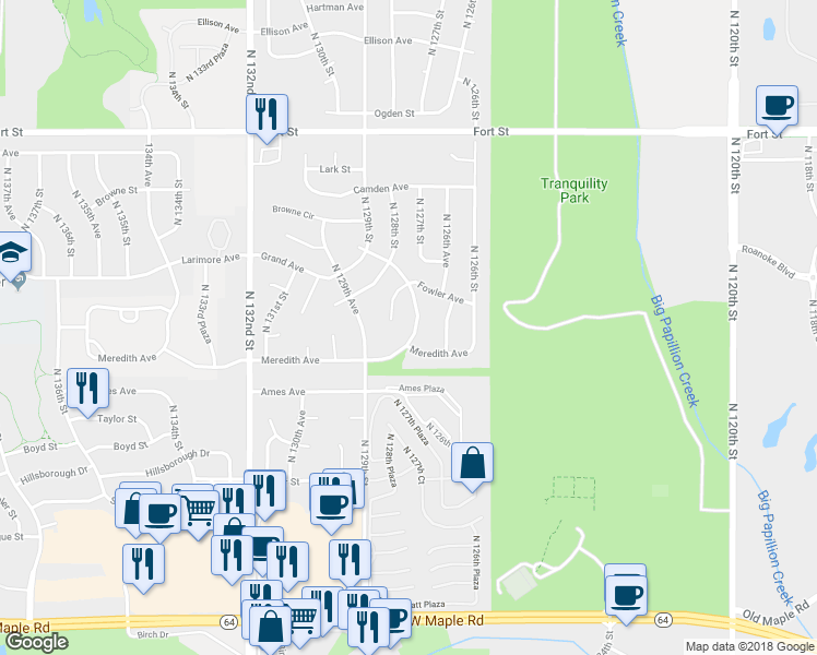 map of restaurants, bars, coffee shops, grocery stores, and more near 4644 North 127th Street in Omaha
