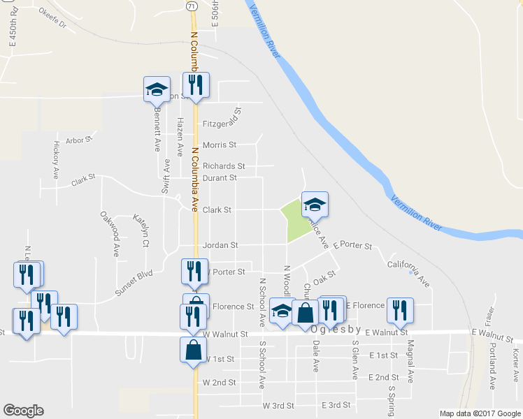 map of restaurants, bars, coffee shops, grocery stores, and more near 304 Clark Street in Oglesby