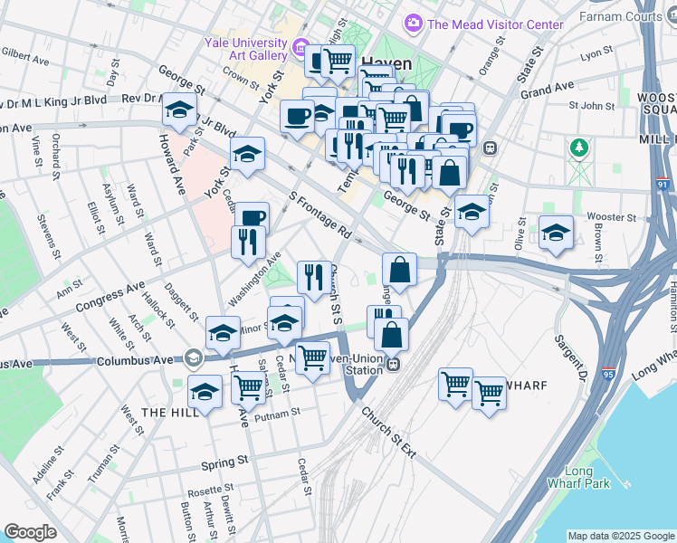 map of restaurants, bars, coffee shops, grocery stores, and more near 9 Tower Lane in New Haven
