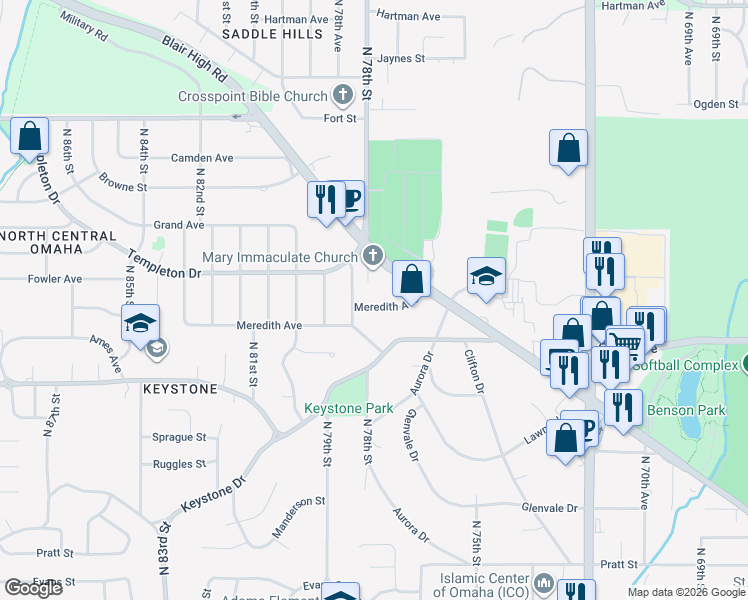 map of restaurants, bars, coffee shops, grocery stores, and more near 7640 Meredith Avenue in Omaha