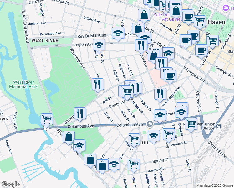 map of restaurants, bars, coffee shops, grocery stores, and more near 29 Kossuth Street in New Haven