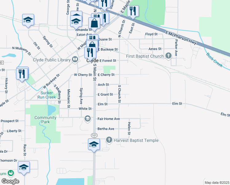 map of restaurants, bars, coffee shops, grocery stores, and more near 213 East Grant Street in Clyde