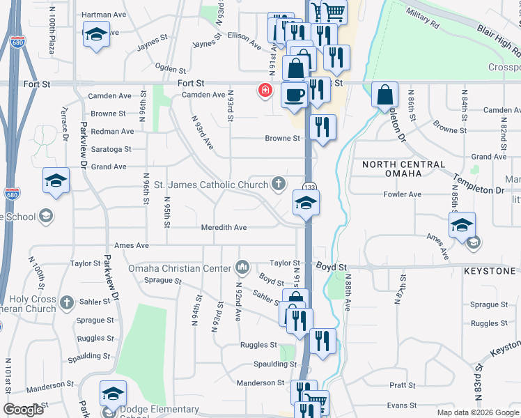 map of restaurants, bars, coffee shops, grocery stores, and more near 9149 Fowler Avenue in Omaha