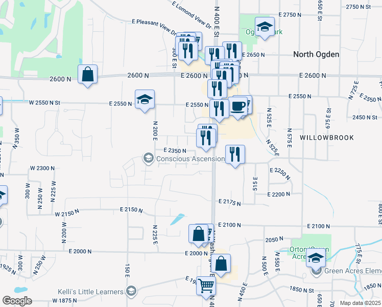 map of restaurants, bars, coffee shops, grocery stores, and more near 2329 North 350 East in Ogden