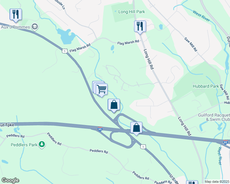 map of restaurants, bars, coffee shops, grocery stores, and more near 7 Copper Ridge Circle in Guilford