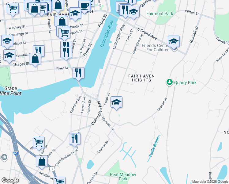map of restaurants, bars, coffee shops, grocery stores, and more near 114 Lexington Avenue in New Haven