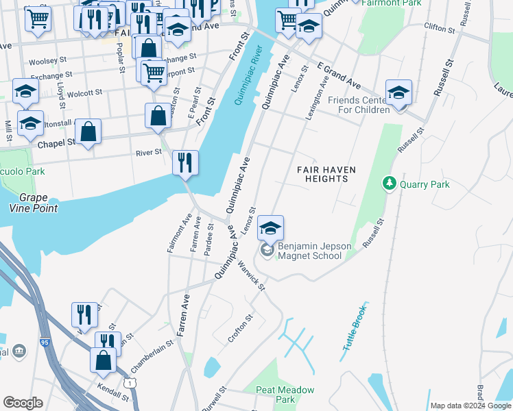 map of restaurants, bars, coffee shops, grocery stores, and more near 114 Lexington Avenue in New Haven