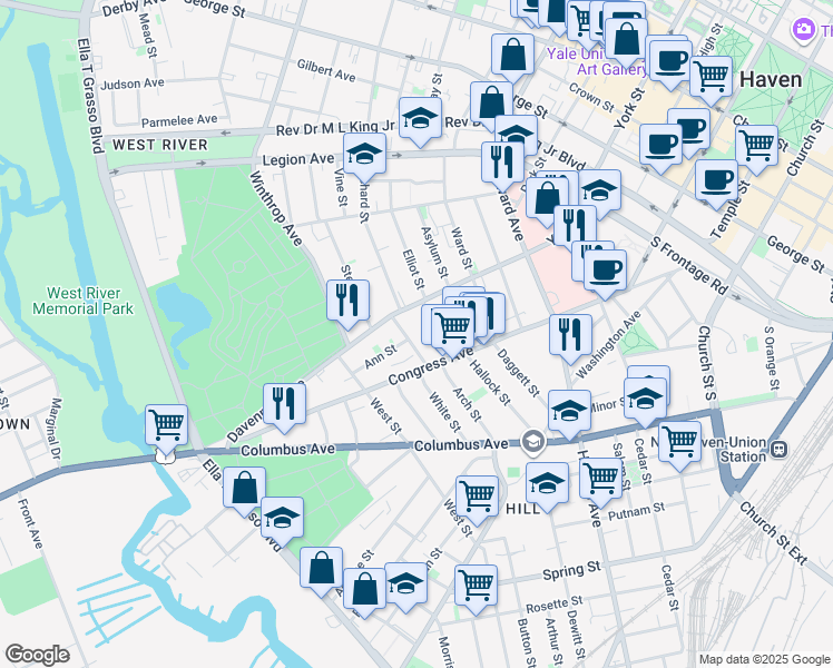 map of restaurants, bars, coffee shops, grocery stores, and more near 29 Kossuth Street in New Haven
