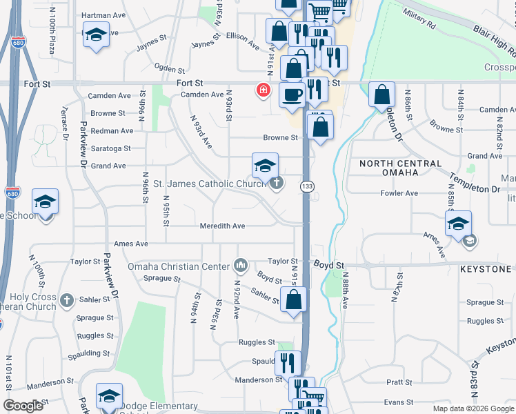 map of restaurants, bars, coffee shops, grocery stores, and more near 9149 Fowler Avenue in Omaha