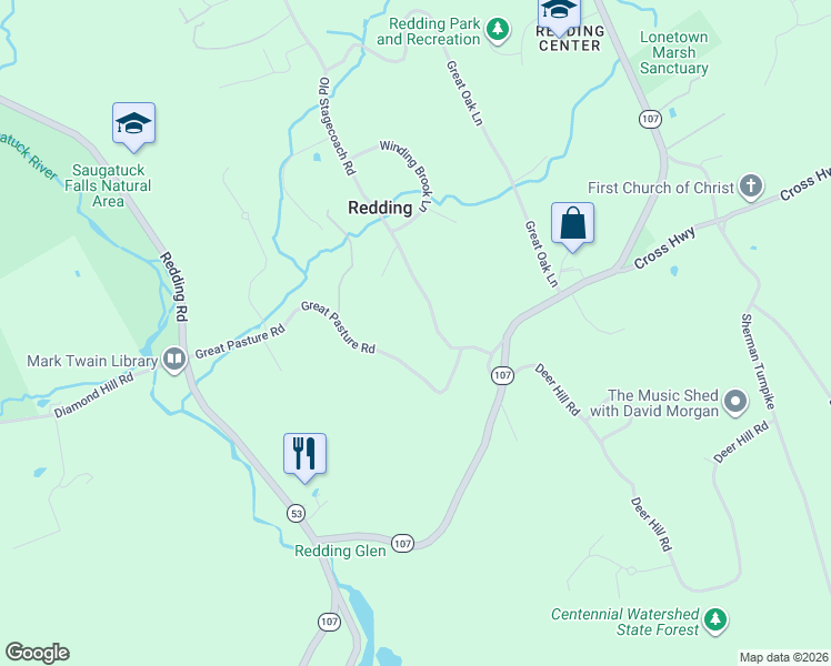 map of restaurants, bars, coffee shops, grocery stores, and more near 47 Great Pasture Road in Redding