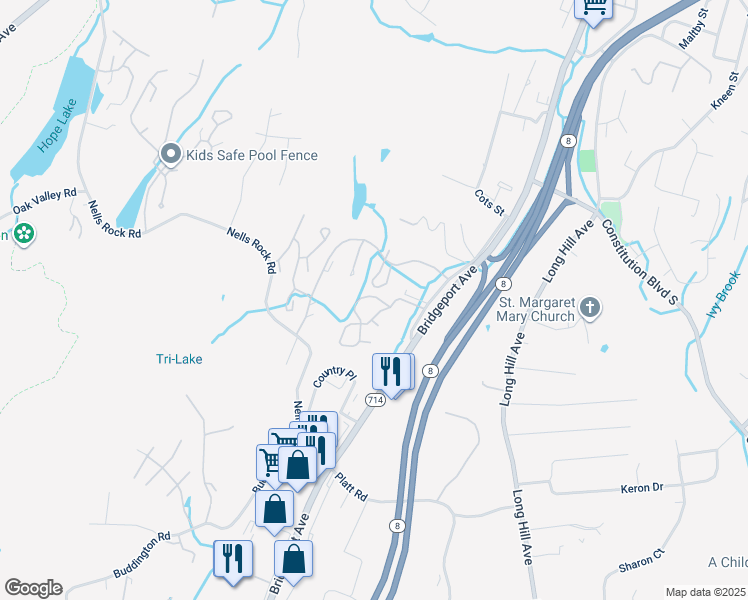 map of restaurants, bars, coffee shops, grocery stores, and more near 18 Ivy Grove Court in Shelton