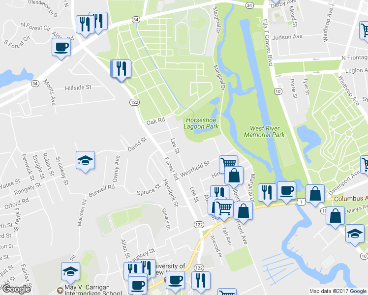 map of restaurants, bars, coffee shops, grocery stores, and more near 99 Herman St in West Haven