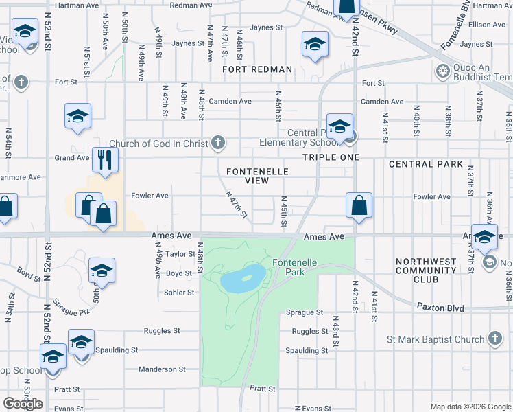 map of restaurants, bars, coffee shops, grocery stores, and more near 4552 Butler Avenue in Omaha