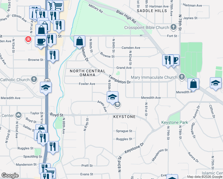 map of restaurants, bars, coffee shops, grocery stores, and more near 4617 North 85th Street in Omaha