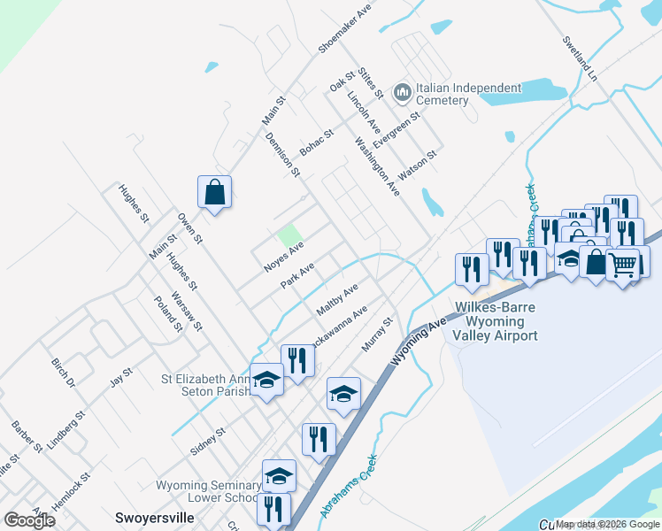map of restaurants, bars, coffee shops, grocery stores, and more near 1-3 Stock Ave in Swoyersville
