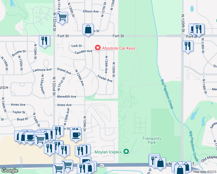 map of restaurants, bars, coffee shops, grocery stores, and more near 4630 North 126th Street in Omaha