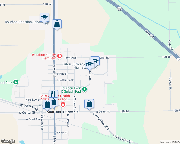 map of restaurants, bars, coffee shops, grocery stores, and more near 200 Triton Drive in Bourbon