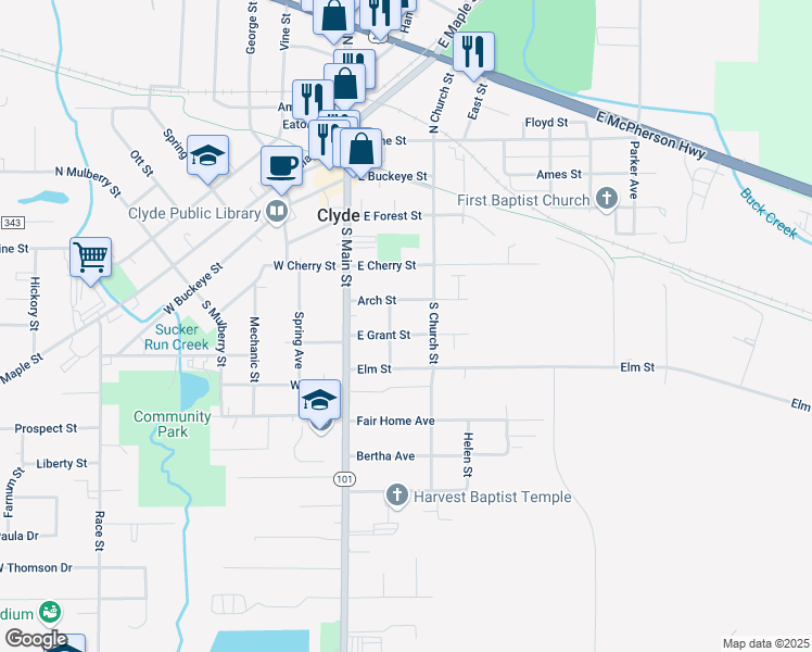 map of restaurants, bars, coffee shops, grocery stores, and more near 213 E Grant St in Clyde