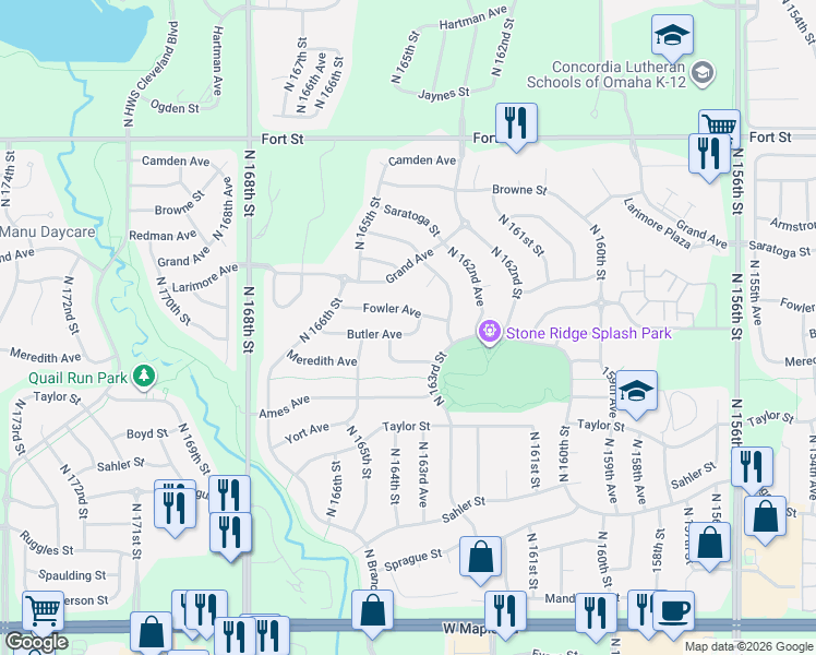 map of restaurants, bars, coffee shops, grocery stores, and more near 16364 Butler Avenue in Omaha